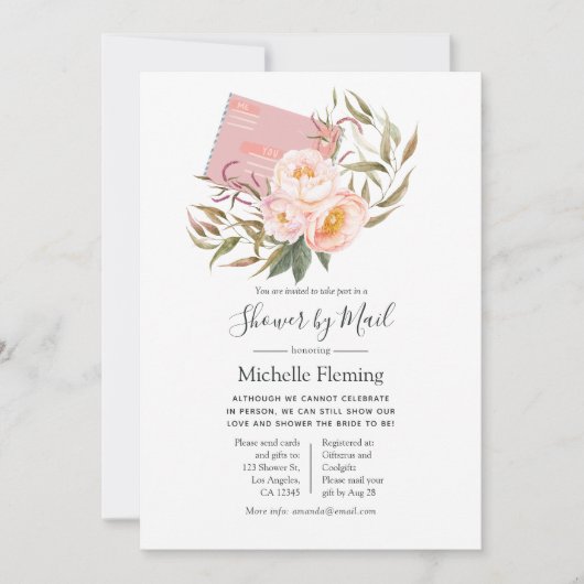 赤面ピンクフローラベビー又はブライダルシャワーバイメール 招待状 (正面)