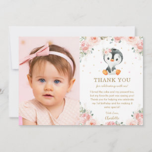 赤面ピンクフローラペンギン1歳の誕生日写真 サンキューカード