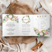 赤面ピンクフローラホワイトマグノリアコットン結婚ズ 三つ折り招待状