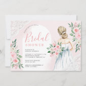 赤面ピンクフローラホワイトレースドレスブライダルシャワー 招待状 (正面)