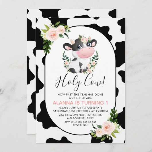 赤面ピンクフローラホーリーコウプリント誕生日 招待状 (正面/裏面)