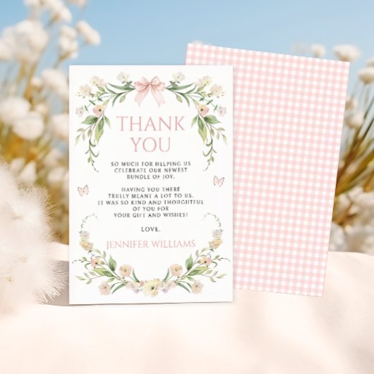 赤面ピンクフローラボウバタフライベビーガールシャワー サンキューカード