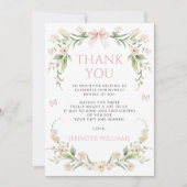 赤面ピンクフローラボウバタフライベビーガールシャワー サンキューカード (正面)