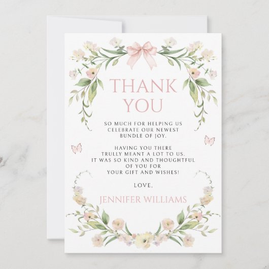 赤面ピンクフローラボウバタフライベビーガールシャワー サンキューカード (正面)