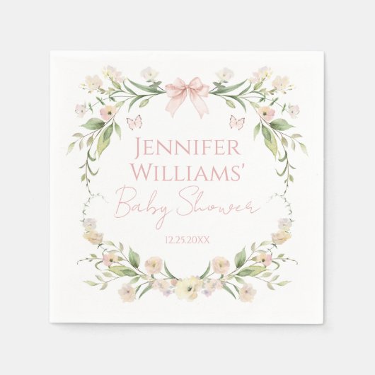 赤面ピンクフローラボウベビーガールシャワー スタンダードカクテルナプキン (正面)