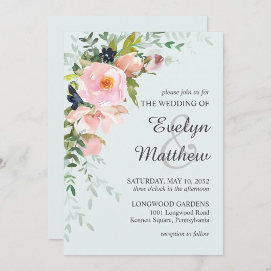 赤面ピンクフローラボタニカルライトブルー結婚ズ 招待状 (正面/裏面)