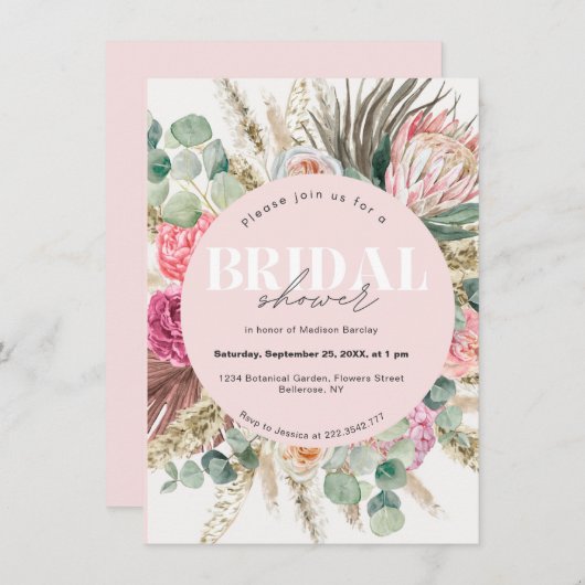 赤面ピンクフローラボヘミアブライダルシャワー 招待状 (正面/裏面)