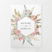 赤面ピンクフローラボホパンパスグラスフォト結婚ズ 三つ折り招待状 (カバー)