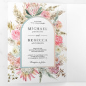 赤面ピンクフローラボホパンパスグラスフォト結婚ズ 三つ折り招待状 (内部最初)