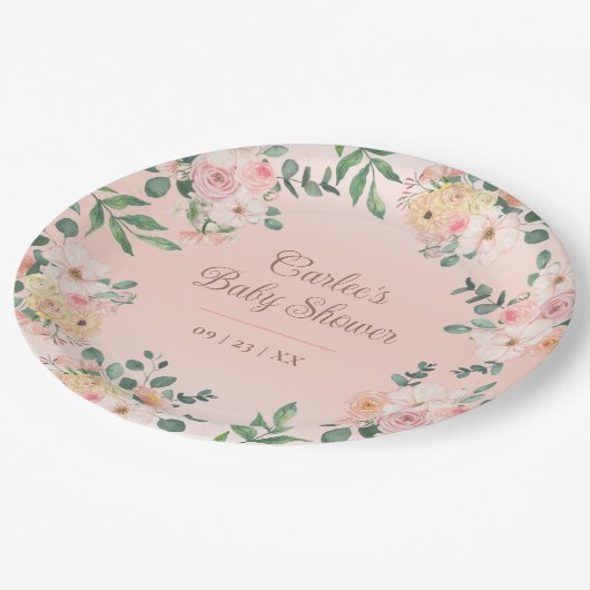 赤面ピンクフローラボホベイビーシャワー ペーパープレート (アングル)