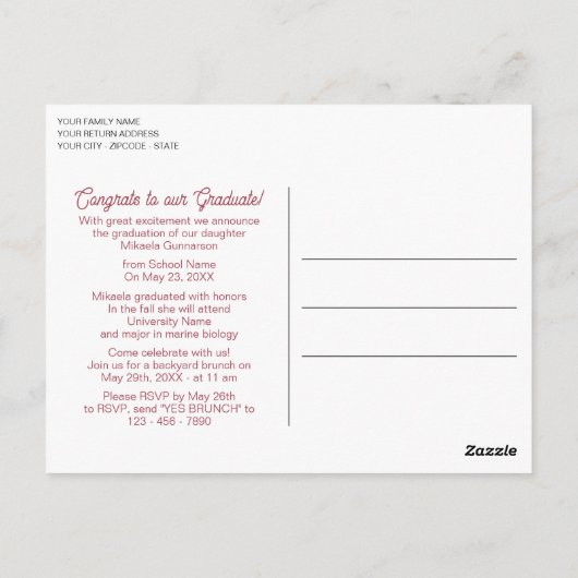 赤面ピンクフローラボホ卒業発表 ポストカード (裏面)