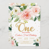 赤面ピンクフローラボホONE女の子の最初の誕生日 招待状 (正面/裏面)