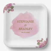 赤面ピンクフローラボモダンエレガント結婚タン ペーパープレート (正面)