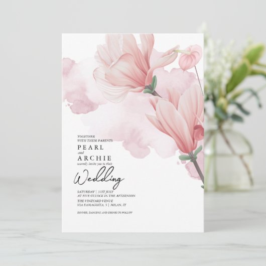 赤面ピンクフローラマグノリアウォーター結婚カラー 招待状 (スタンド正面)