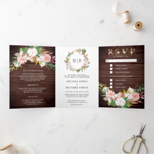 赤面ピンクフローラマグノリアコットンウッド結婚ズ 三つ折り招待状 (内部)