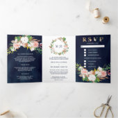 赤面ピンクフローラマグノリアコットンネイビー結婚ズ 三つ折り招待状 (内部)