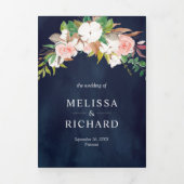 赤面ピンクフローラマグノリアコットンネイビー結婚ズ 三つ折り招待状 (カバー)