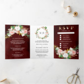 赤面ピンクフローラマグノリアコットンブルゴーニュ結婚ーズ 三つ折り招待状 (内部)