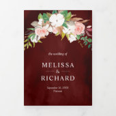 赤面ピンクフローラマグノリアコットンブルゴーニュ結婚ーズ 三つ折り招待状 (カバー)