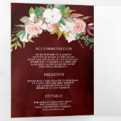 赤面ピンクフローラマグノリアコットンブルゴーニュ結婚ーズ 三つ折り招待状 (内部最初)