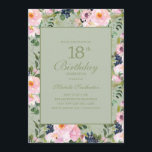 赤面ピンクフローラミントグリーン18誕生日 招待状<br><div class="desc">ミントグリーン18エレガント誕生日パーティーの女性のための招待に美しい赤面ピンクとネイビーブルーの水色フローラ。連絡救済は、カスタマイズまたは一致する製品のために</div>