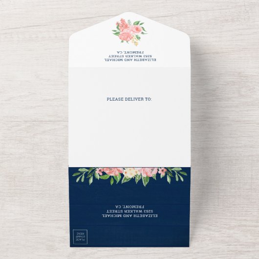 赤面ピンクフローラメイスンジャネイビーブルーウッド結婚ズ オールインワン招待状 (外側)