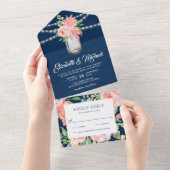 赤面ピンクフローラメイスンジャネイビーブルーウッド結婚ズ オールインワン招待状 (貼ってはがせる)