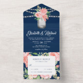 赤面ピンクフローラメイスンジャネイビーブルーウッド結婚ズ オールインワン招待状 (内側)