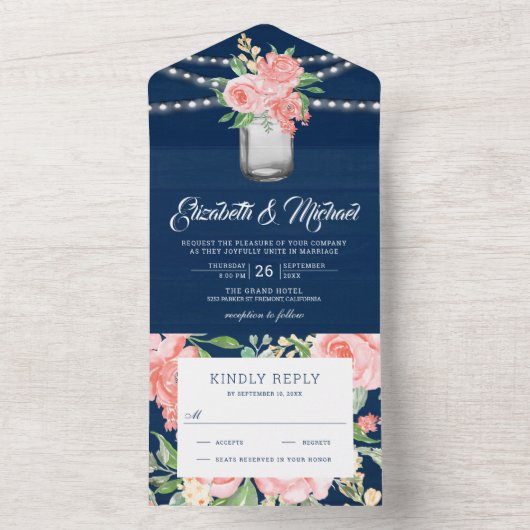 赤面ピンクフローラメイスンジャネイビーブルーウッド結婚ズ オールインワン招待状 (内側)
