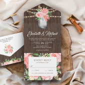 赤面ピンクフローラメイスンジャー素朴ウッド結婚ズ オールインワン招待状