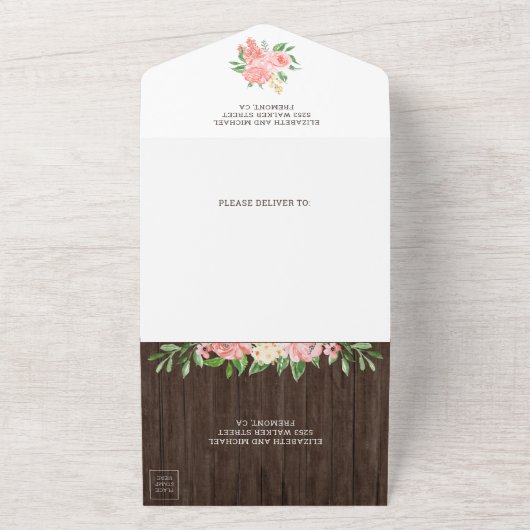 赤面ピンクフローラメイスンジャー素朴ウッド結婚ズ オールインワン招待状 (外側)