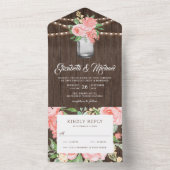 赤面ピンクフローラメイスンジャー素朴ウッド結婚ズ オールインワン招待状 (内側)