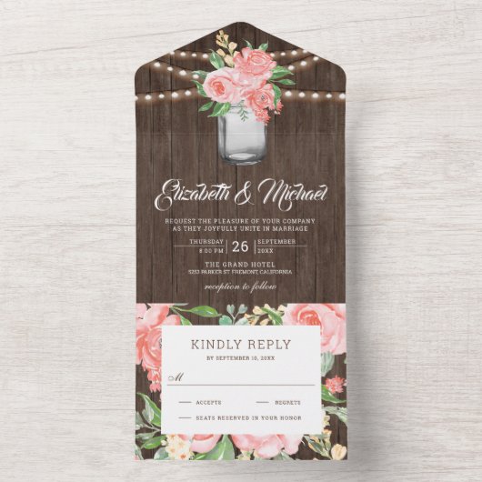 赤面ピンクフローラメイスンジャー素朴ウッド結婚ズ オールインワン招待状 (内側)