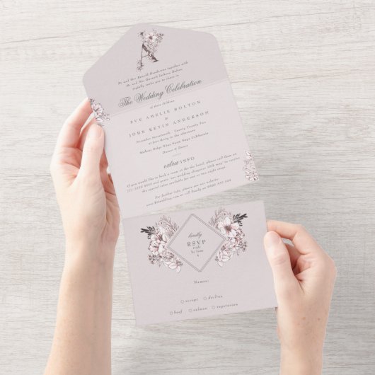 赤面ピンクフローラモノグラムクラシックエレガントな結婚式 オールインワン招待状 (貼ってはがせる)