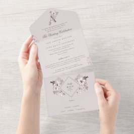 赤面ピンクフローラモノグラムクラシックエレガントな結婚式 オールインワン招待状