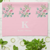 赤面ピンクフローラモノグラム キッチンタオル (折り畳み)