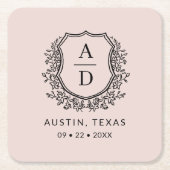 赤面ピンクフローラモノグラ結婚ムの紋章モダン スクエアペーパーコースター (正面)