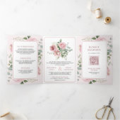 赤面ピンクフローラユーカリすべて結婚の 三つ折り招待状 (内部)