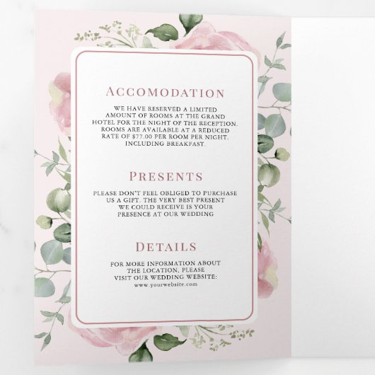 赤面ピンクフローラユーカリすべて結婚の 三つ折り招待状 (内部最初)