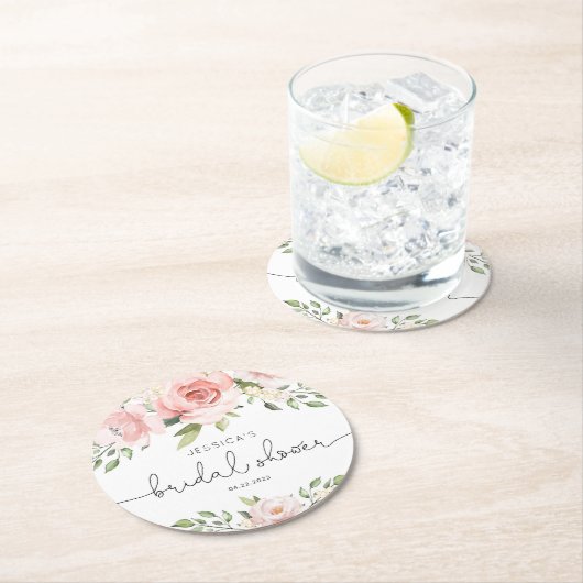 赤面ピンクフローラユーカリブライダルシャワー ラウンドペーパーコースター (インサイチュ)