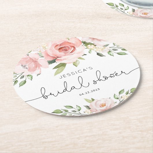 赤面ピンクフローラユーカリブライダルシャワー ラウンドペーパーコースター (アングル)