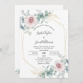 赤面ピンクフローラユーカリ幾何結婚体 招待状 (正面/裏面)