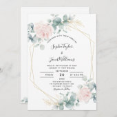 赤面ピンクフローラユーカリ幾何結婚体 招待状 (正面/裏面)