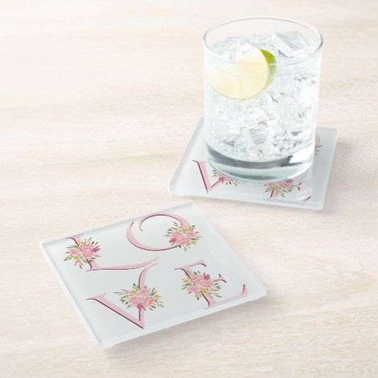 赤面ピンクフローララブタイポグラフィヴァレンティーンズデイ ガラスコースター (アングル)