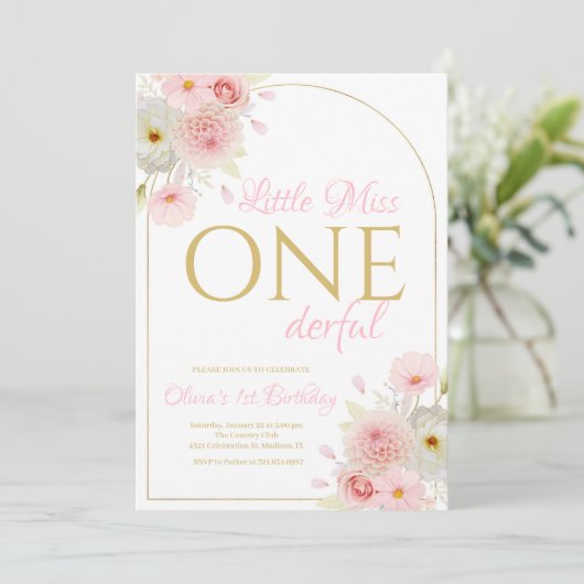 赤面ピンクフローラリトル恋しく思オネダーフル誕生日 招待状 (スタンド正面)