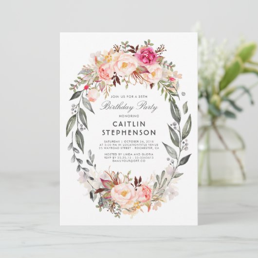 赤面ピンクフローラリースエレガントバースデーパーティー 招待状 (スタンド正面)