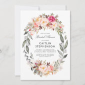 赤面ピンクフローラリースエレガントブライダルシャワー 招待状 (正面)