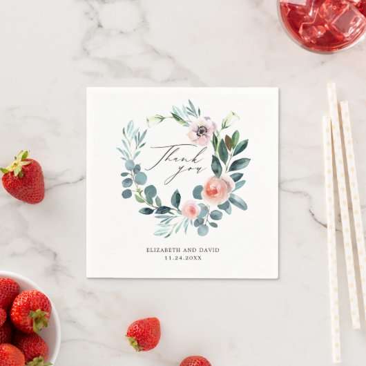 赤面ピンクフローラリーススクリプトサンキュー結婚ズ スタンダードカクテルナプキン (インサイチュ)