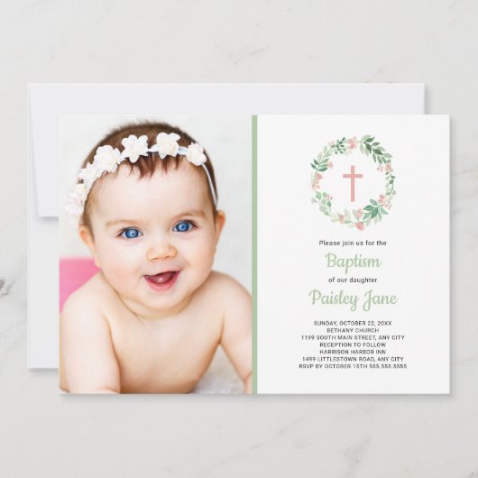 赤面ピンクフローラリースバプテスマ写真の招待 招待状 (正面)