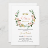 赤面ピンクフローラリースベビーガールシャワー 招待状 (正面/裏面)